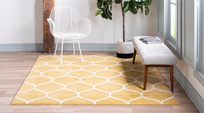 Rugs.com Lattice Frieze Collection Rug – 6' Square Yellow Medium Rug Perfect for Living Rooms, Kitchens, Entryways