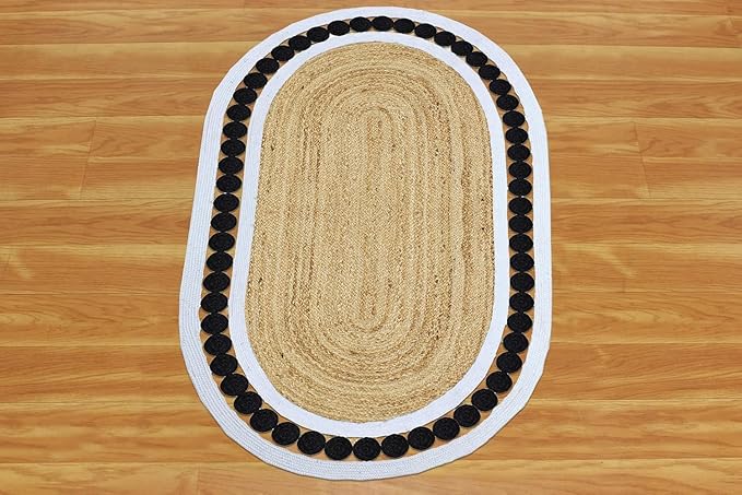 Flatweave Runner 2x6 Oval Kilim Jute Runner Hand Braided Jute Thick 0.27" Solid Pattern Black Beige Natural Oval Handmade Boho Indoor Outdoor Rugs for Kitchen Enterway