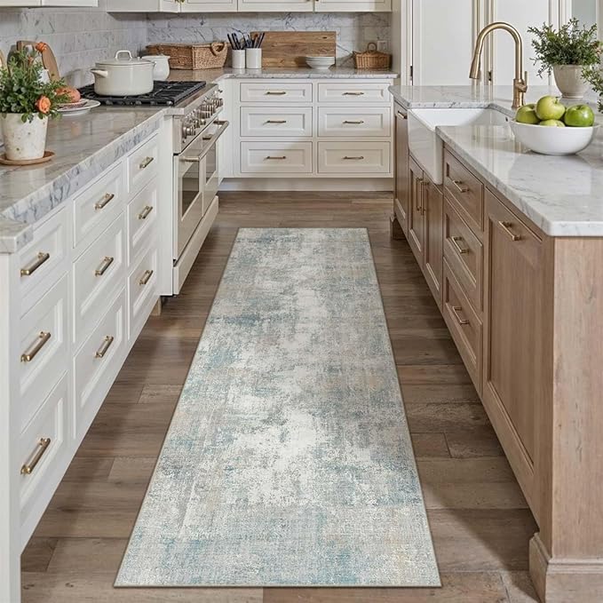 3x10 Washable Runner Rug Blue Cream Abstract Hallway Kitchen Throw Rug Neutral Modern Non Slip Soft Low Pile Lightweight Carpet for Bathroom Laundry Bedroom Living Room