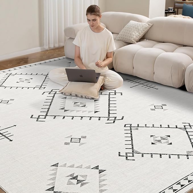 ILANGO Area Rug 9'x12' for Living Room Bedroom Washable Moroccan Boho Rugs for High Traffic Area Non Slip & Non-Shedding Rugs Fade Resistant Carpet for Kitchen Office (White)