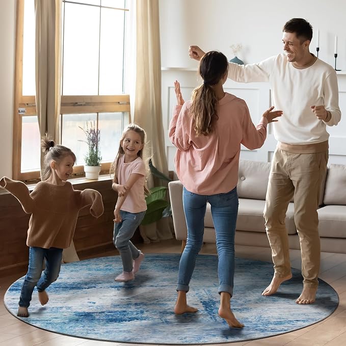 Round 8ft Area Rug Modern Abstract Washable Carpet for Living Room Bedroom Dining Room Home Office - Abstract Teal Grey