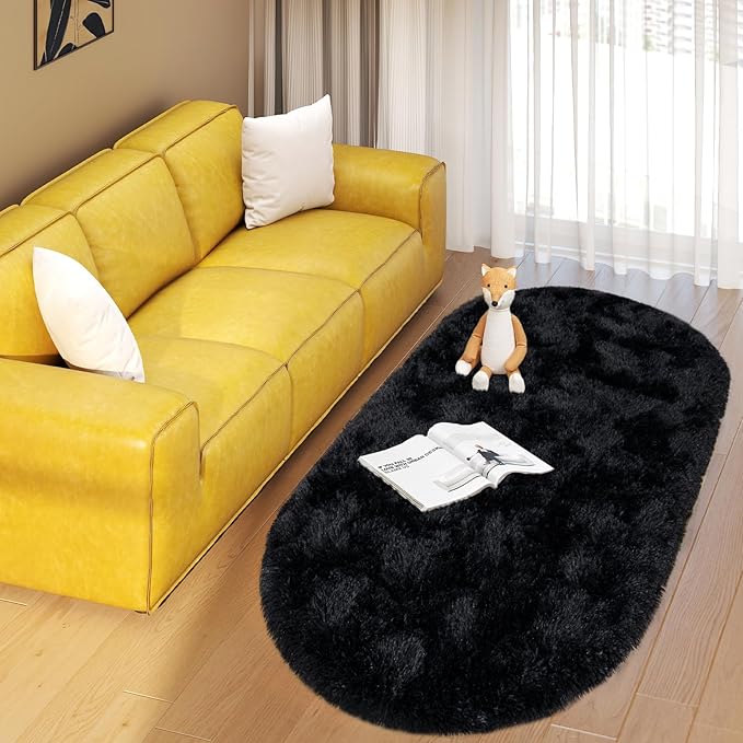 Soft Fluffy Area Rug for Bedroom, Black Fuzzy Shaggy Oval Throw Rugs for Bedside, Non-Slip Cozy Plush Shag Carpet for Kids Room Nursery Dorm Living Room, 2.6 x 5.3 Feet
