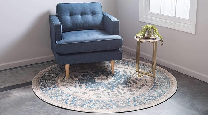 Unique Loom Salzburg Collection Classic Traditional Design Oriental Inspired Border Area Rug (5' 0 x 5' 0 Round, Beige/Blue)
