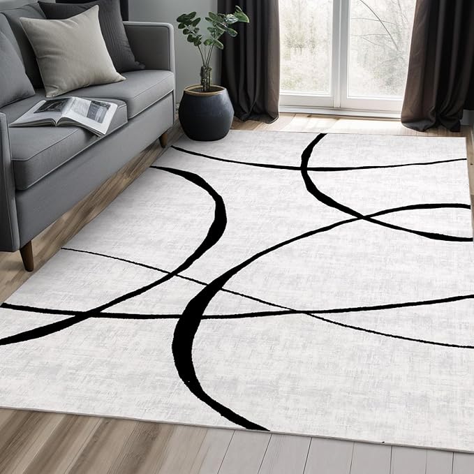 YIHOUSE 6'x9' Black and White Rug- Washable Area Rug for Living Room Bedroom, Large Modern Non-Slip Ultra-Thin Rug Home Decor,Curve,6x9ft
