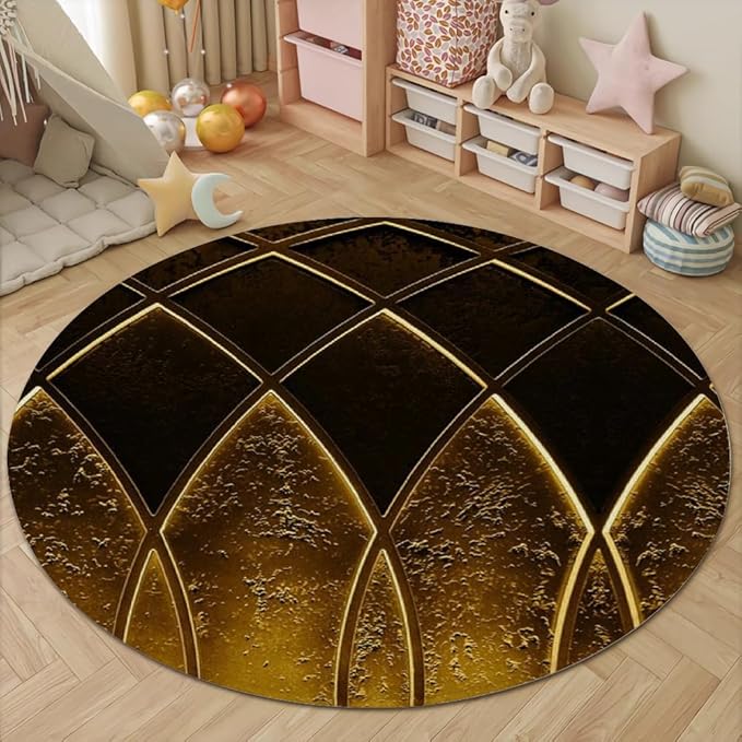 Luxury Black Gold Round Rug Vintage Golden Texture Living Room Circle Area Rugs 7ft Washable Soft Non Slip Low Pile Indoor Floor Carpet for Bedroom Office Kitchen Coffee Table