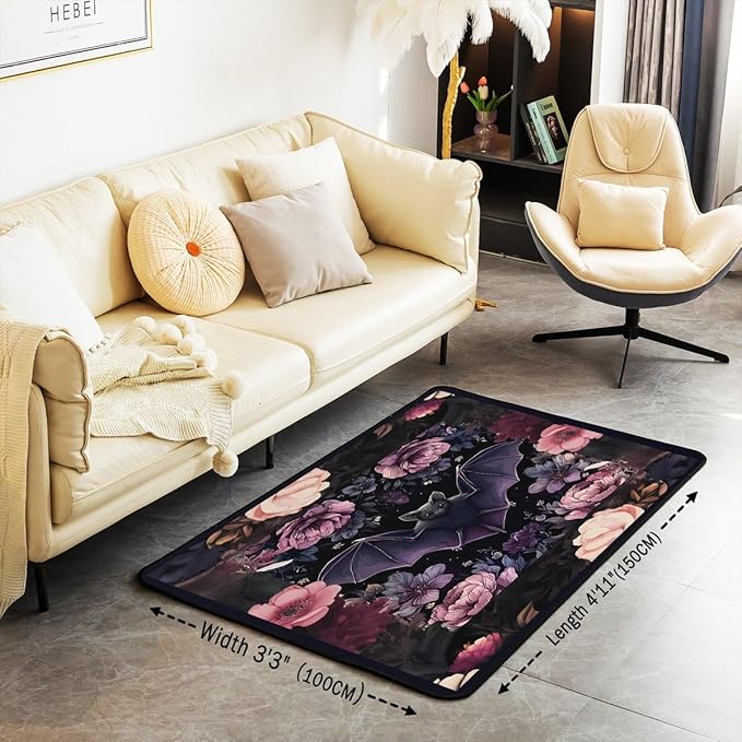 Black Floral Bat 3x5 Area Rug Halloween Bats Rugs for Living Room | Boho Flowers Washable Rug, Romantic Plant Gothic Carpet Indoor Floor Mat