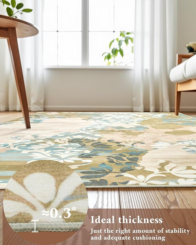 Washable Abstract Rug, 9x12 Willow Green and Blue Floral Area Rugs with Non-Slip Rubber Backed for Living Room, Low Pile Modern Throw Carpet Bedroom Dining Room Decor