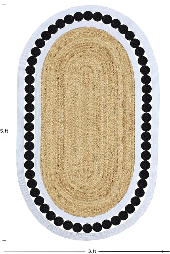 Flatweave Runner 2x14 Oval Kilim Jute Runner Hand Braided Jute Thick 0.27" Solid Pattern Black Beige Natural Oval Handmade Boho Indoor Outdoor Rugs for Hallway Enterway Stair Corridor