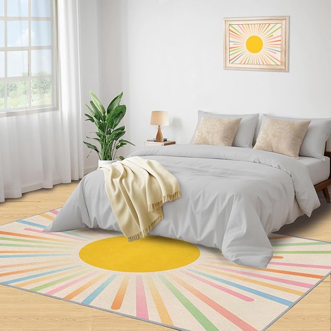 Boho Sun Area Rugs 6x8ft, Minimalist Sunburst Living Room Area Rug, Abstraction Deco Play Rug with Carpet Tape Double Sided for Bedroom Office Home Decor