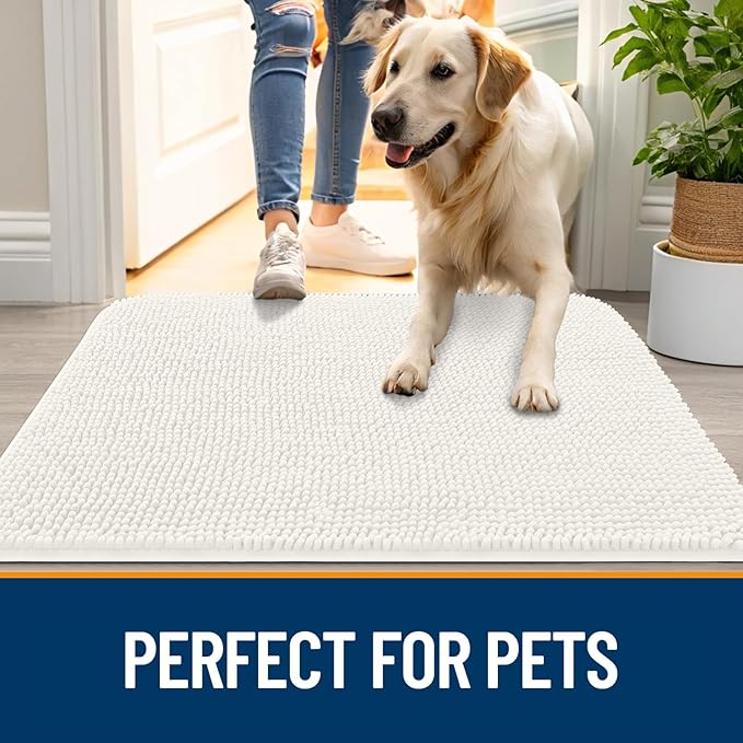 OLANLY Dog Door Mat for Muddy Paws 59x35, Absorbs Moisture and Dirt, Absorbent Non-Slip Washable Doormat, Quick Dry Chenille Mud Mat for Dogs, Entry Indoor Entryway Carpet for Inside Floor, Ivory