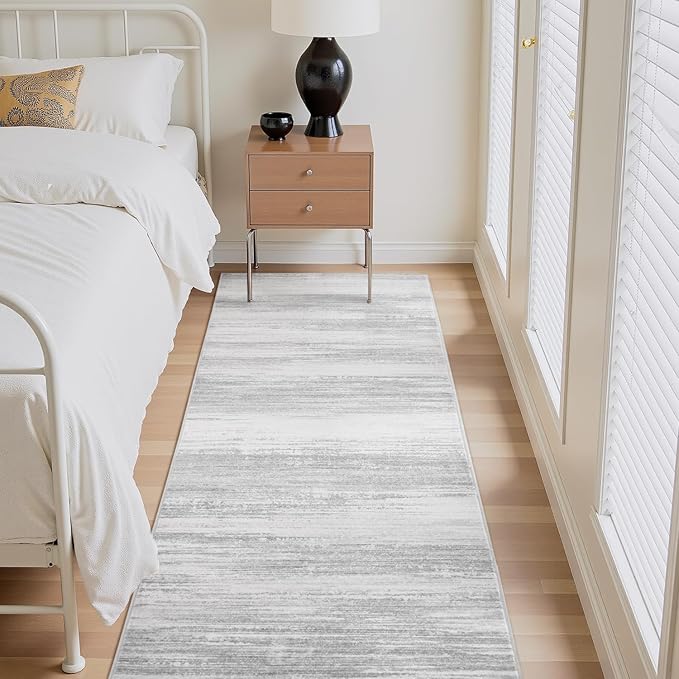 PADOOR Modern Abstract Runner Rug - 2.6x8 Washable Hallway Rugs, Ultra Soft Non-Slip Low Pile Floor Rugs for Hallway Entryway Kitchen Bedroom Bedside Laundry Room Grey
