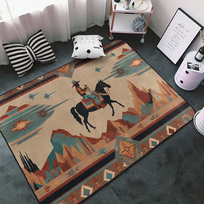 Horse Western Boho Ethnic Style Area Rug Washable Outdoor Rugs Anti-Slip Soft Carpet Entryway Indoor Door Mat for Bedroom,Living Room,Porch,Terrace and Entrance Decor 2'x 1'