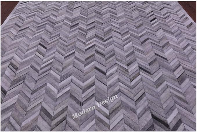 Modern Design Premium Cowhide Leather Carpet with Chevron Pattern, Area Rug (Natural Multi Grey, 9x15)