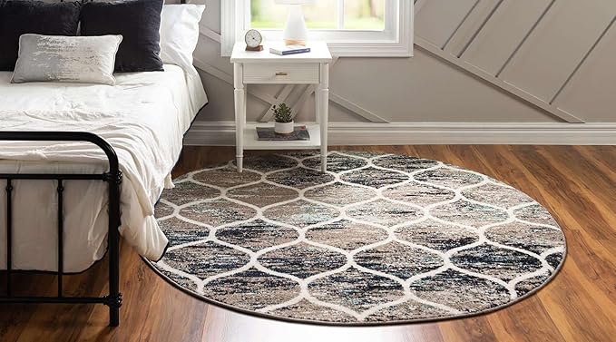 Rugs.com Lattice Frieze Collection Rug – 10' Round Blue Multi Medium Rug Perfect for Kitchens, Dining Rooms