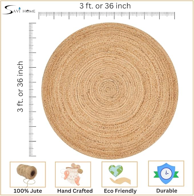 Savi Home Hand Woven Jute Braided Rug, 3' Round - Natural, Reversible Area Rugs for Living Room, Farmhouse, Kitchen, Handcrafted 3 Feet Round Area Rugs - Natural