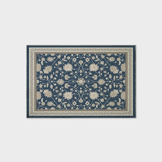 EVERGRACE Area Rugs for Entryway 2x3, Boho Floral Faux Wool Indoor Outdoor Small Rugs, Washable Rugs for Bedroom Bathroom Laundry Doormat, Low Pile Floor Mat Carpet for Home Decor, Navy Blue