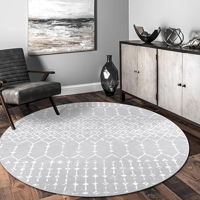 Lahome Moroccan 5Ft Round Rug Machine Washable Round Bedroom Carpet Grey Non-Slip Throw Circle Rugs for Living Room Low-Pile Large Round Rug, Modern Geometric Print Carpet for Office Dining Room