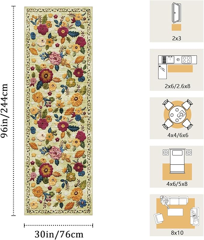2'6''x8' Machine Washable Runner Rug, Kitchen Hallway Area Rug Green Vintage Boho Floral Ultra Non-Slip Low Pile Soft Faux Wool Carpet, Kids and Pets Friendly for Bedroom Entryway Nursery Decor Rug