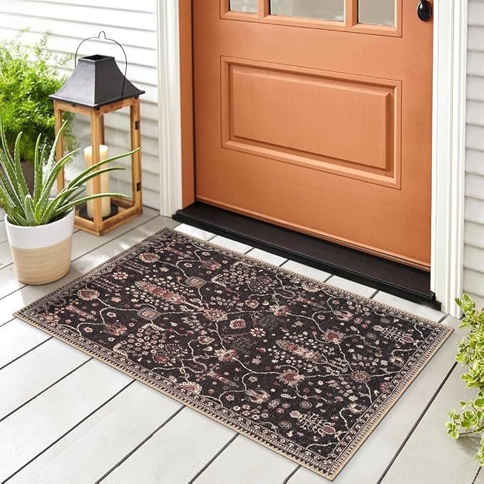 GLN Rugs Traditional Collection - Machine Washable Area Rug, Traditional Washable, Non Slip, Low Pile Chenille Rug, Living Room, Bedroom, Kitchen Rug (2' x 3' Black)