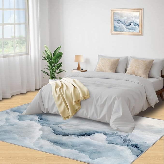 Modern Simple Art Rugs for Bedroom - 6x8 Area Rug - 3D Cloud Marble Rugs for Living Room, Abstract Mist Marble Rug, Washable Home Decor Carpet
