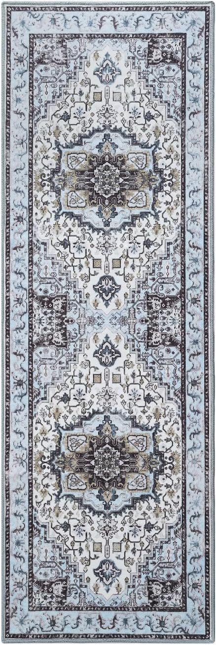 Runner Rug 2×6, Machine Washable Non-Slip Vintage Area Rug, Low Pile, Indoor Carpet Printed Floral Rugs for Living Room, Entryway, Kitchen, Bedroom,Blue