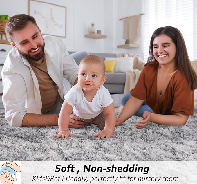 Beglad Shag Rugs for Living Room, Area Rugs 5x7 Feet Upgrade Anti-Skid Modern Minimalist Style Memory Foam Rugs for Bedroom, Indoor Carpet Suitable for Boys Room Decor, Tie-Dyed Light Grey