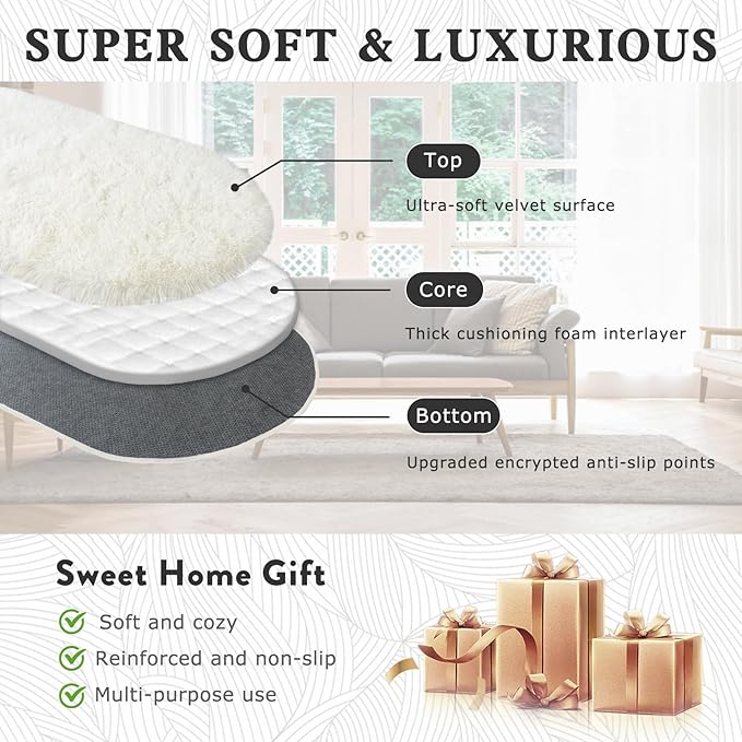 Soft Fluffy Rugs for Bedroom, Cream White Fuzzy Shaggy Oval Bedside Area Rug Set of 2, Non-Slip Cozy Plush Shag Carpet for Kids Room Nursery Dorm Living Room, 2.6 x 5.3 Feet