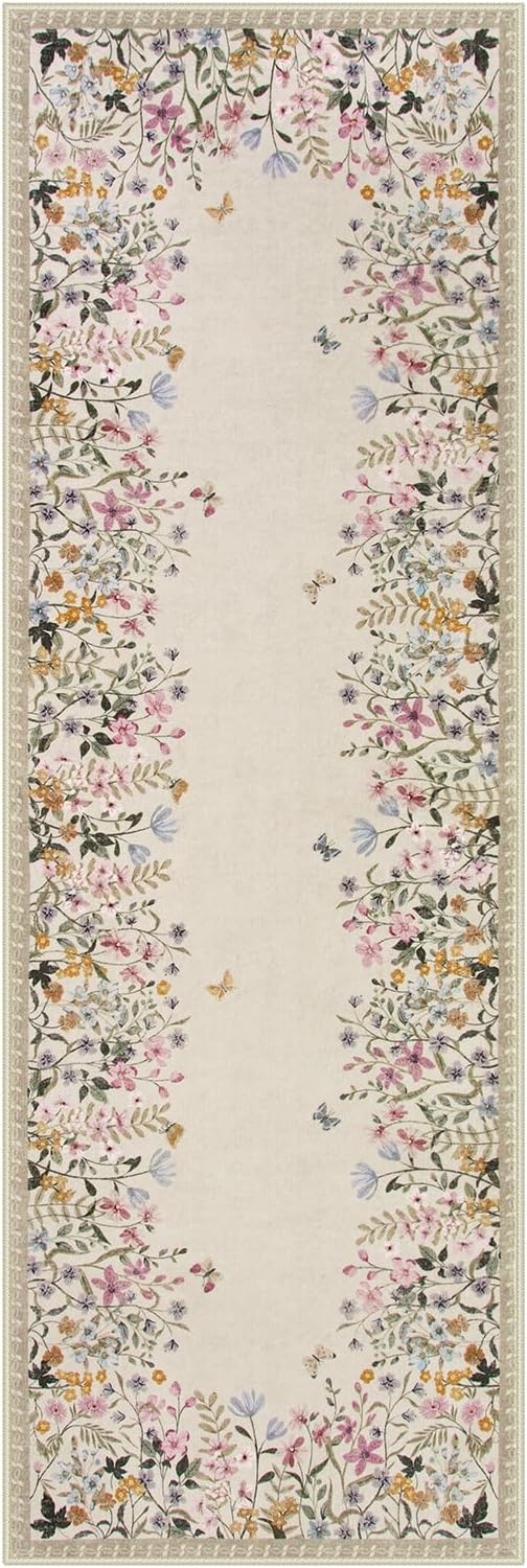 Lahome Boho 2x6 Bathroom Runner Rugs Non Slip Washable, Floral Carpet Runners for Hallway 6ft Kitchen Rug Runner, Soft Non Skid Runners for Entryway Laundry Bedroom (Beige,2x6)