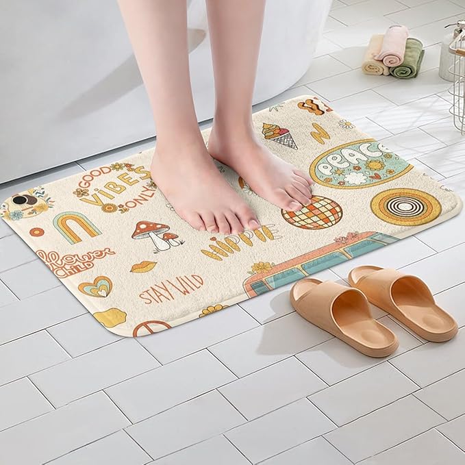 Kids 70s Party Decorations Bath Rugs Cute Bus Car Bathroom Mats for Boys Girls Pastel Rainbow Bath Carpets 20x32 Hippie Mushroom Floor Mats 60s Retro Disco Bathroom Rugs Groovy Room Decor