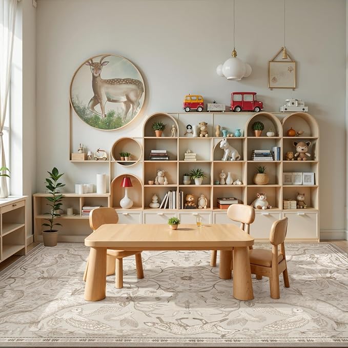 Lahome Boho Animal Washable Rugs for Living Room 8x10, Beige Soft Rugs for Bedroom, Botanical Large Boho Non Slip Dining Room Carpet for Under Table Office Kids Playroom (8x10ft,Beige)