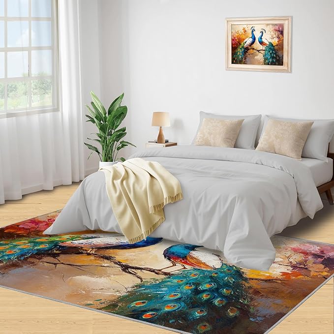 Peacock Rug 3x5-3x5 Rug, Classic Peafowl Floral Area Rugs for Bedroom, Peacock Couples Rugs for Living Room, Oil Painting Art Washable Mat, Aesthetics Carpet - Peafowl Home Decor & Gifts