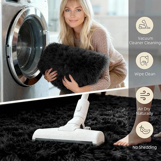 2x3 Solid Fluffy Black Area Rug – Washable, Durable, Small Bedroom Rug, Non-Slip High Pile Shag Rugs for Living Room, Bedroom, Bedside, Dorms,Grils Rooms, Kids Room, Soft Indoor Floor Carpet