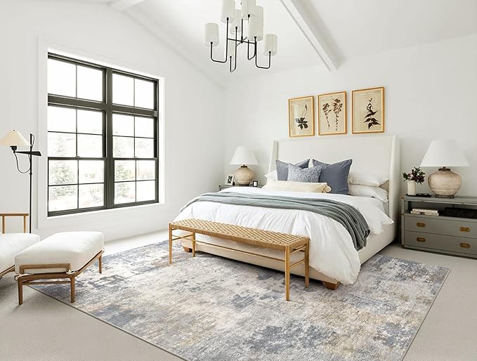 5x8 Area Rug Living Room Rugs - Washable Neutral Modern Abstract Soft Thin Large Rug Indoor Floor No Slip Rug Carpet for Bedroom Under Dining Table Home Office Decor - Blue Grey