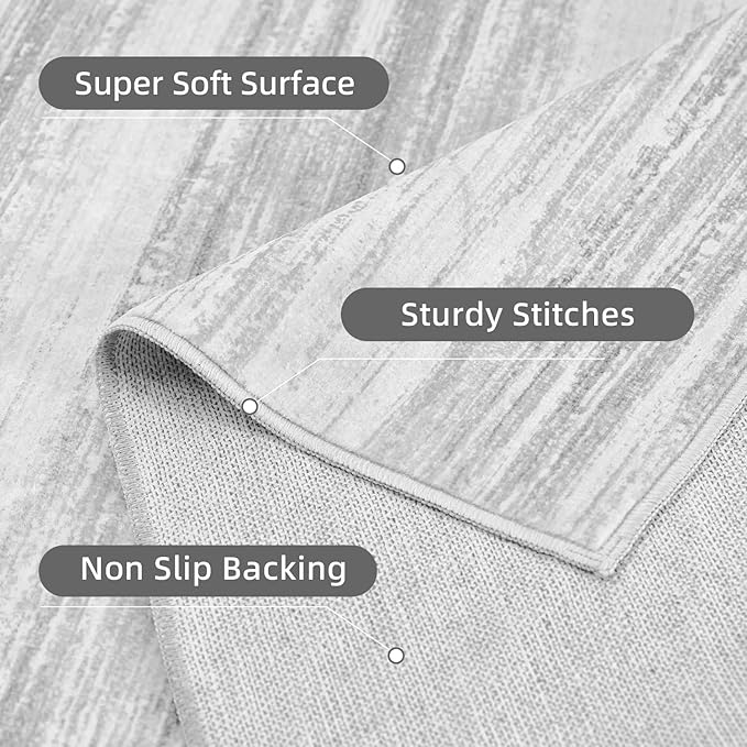 PADOOR Modern Abstract Runner Rug - 2.6x8 Washable Hallway Rugs, Ultra Soft Non-Slip Low Pile Floor Rugs for Hallway Entryway Kitchen Bedroom Bedside Laundry Room Grey
