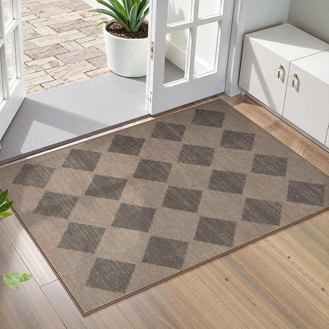 Lahome Checkered Washable 2x3 Brown Kitchen Rugs Non Slip, Small Printed Indoor Door Mat for Entryway, Moroccan Trellis Ultra-Thin Throw Carpet for Bedroom Laundry Entrance Decor (2'x3',Brown)