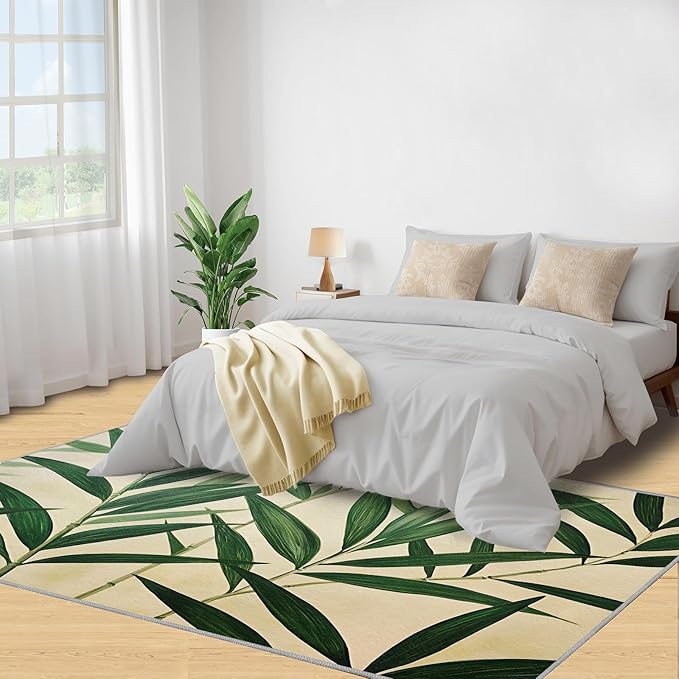6x8 Bamboo Leaves Classroom Rugs - Realistic Botanical Art Playroom Rug, Minimalist Leaves Carpet Area Rug for Girls Bedroom Kids Room Basement Office Classroom