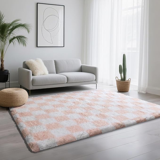 4x6 Area Rugs for Living Room Bedroom, Soft Fluffy Shaggy Bedside Rug, Indoor Floor Carpet for Kids Playroom, Dorms, Nursery Rooms, Home Decor (Pink & White 4'x6')