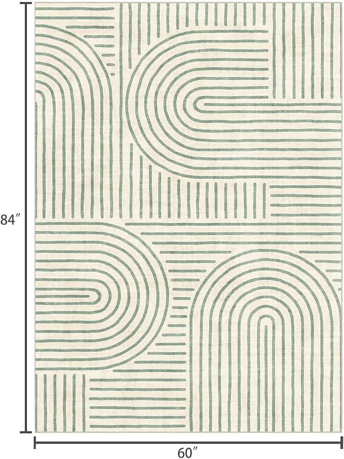 Washable Area Rug 5x7 - Boho Living Room Rug Soft Indoor Carpet Ultra-Thin Sage Green Modern Abstract Rainbow Rugs for Bedroom Dining Room Nursery Classroom Home Decor