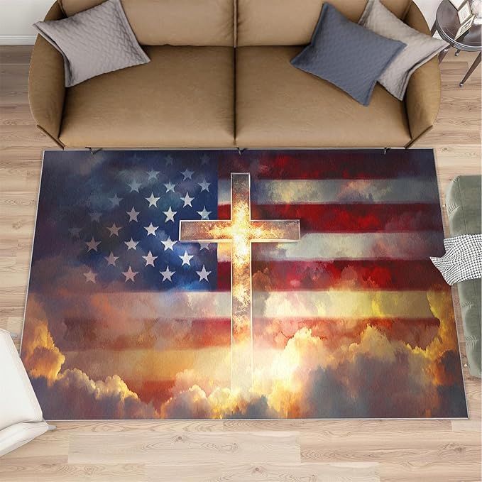 8x10 American Flag Rugs for Living Room - Stars Stripes Large Area Rug, Independence Day Modern Boy Nursery Rug Soft Washable for Classroom Office Bedroom Kids Room