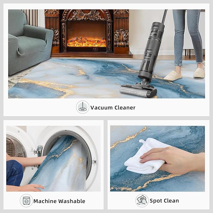 2x4 Abstract Marble Runner Rug for Hallway - Blue-White-Marble Kitchen Mat, Luxury Stone Pattern Kitchen Runner Rug Soft Non Slip Anti Fatigue for Laundry Room Indoor Hallways