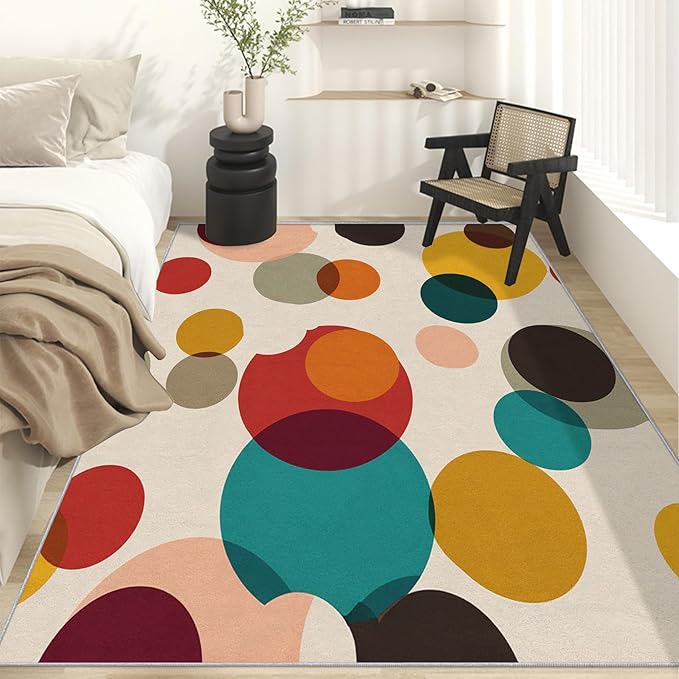 Mid Century Modern Rugs for Home Decor, 4x6 ft, Boho Geometric Circle Area Rugs for Living Room, Soft Non Slip Washable Abstract Geometry Carpet Bedroom Decorations Dt-Ghf-19