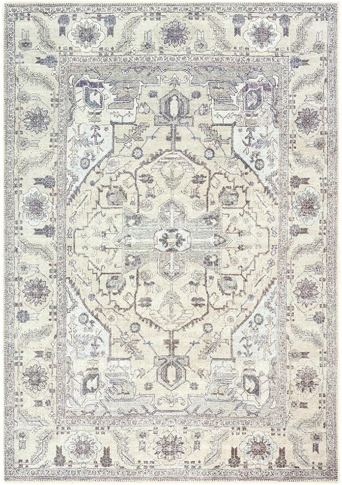 GLN Rugs Traditional Collection - Machine Washable Area Rug, Traditional Washable, Non Slip, Low Pile Chenille Rug, Living Room, Bedroom, Kitchen Rug (3' x 5' Cream/Gray)