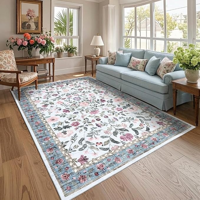8x10 Washable Floral Distressed Rug, Vintage Farmhouse Area Rug for Living Room, Non-Slip Low Pile Soft Carpet for Nursery Bedroom Dining Room Home Office, Light Blue