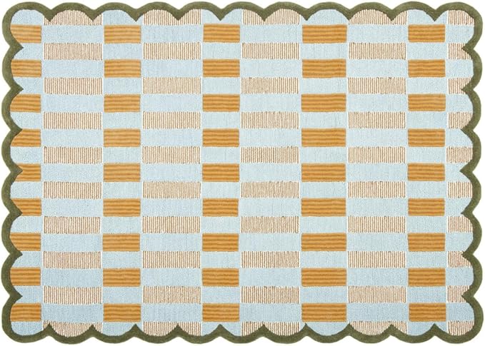 Hand-Tufted Wool Rug with Scalloped Edges, Light Blue Plaid Pattern, Cozy Soft Area Rug for Living Room, Bedroom, and Nursery, Handmade Modern Accent Rug, 5x5 Ft (Square)