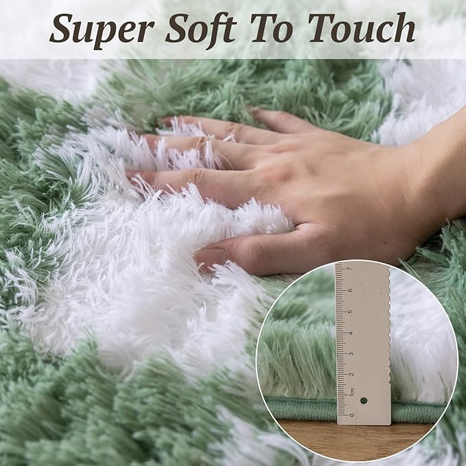 6x9 Area Rugs for Living Room Bedroom, Soft Fluffy Shaggy Bedside Rug, Indoor Floor Carpet for Kids Playroom, Dorms, Nursery Rooms, Home Decor (Green & White 6'x9')