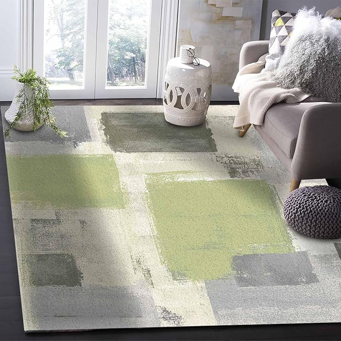 Sage Green Rectangular Area Rugs for Living Room Bedroom 5 x 6.9 ft Abstract Paint Texture Modern Art Non-Shedding Soft Low Pile Rug Non Slip Washable Rug for Nursery Entryway Playroom