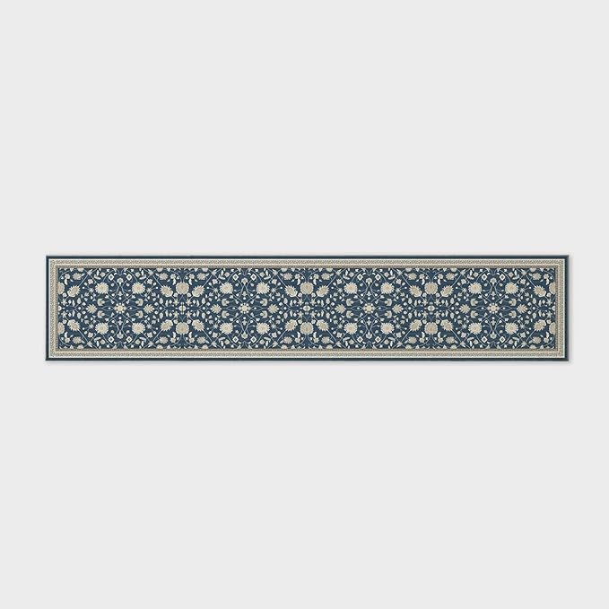EVERGRACE Hallyway Area Runner Rugs 2x10, Boho Floral Faux Wool Indoor Outdoor Rugs, Washable Rugs for Bedroom Dining Room Living Room Kitchen, Low Pile Floor Mat Carpet for Home Decor, Navy Blue