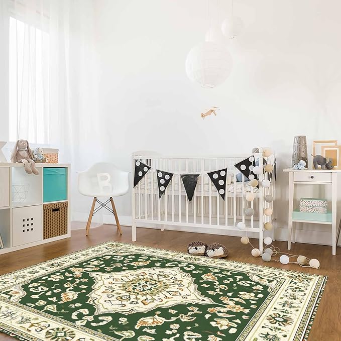 Green Bohemian Rectangular Area Rugs for Living Room Bedroom 4 x 6 ft Vintage Farmhouse Floral Pattern Non-Shedding Soft Low Pile Rug Non Slip Washable Rug for Nursery Entryway Playroom