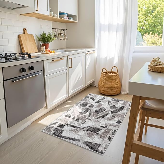Modern Abstract Entry Rug Kitchen Bedroom Bathroom Door Mat Indoor Entrance 2X3 Front Porch Rugs Washable, Non-Slip Grey Thin Print Small Throw Carpet for Nursery Kids