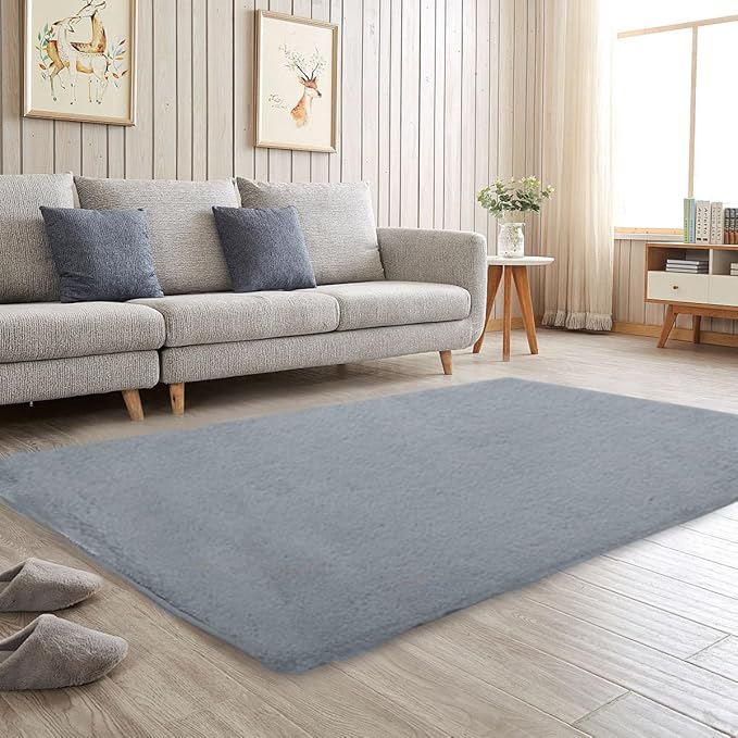 Solid Color Rabbit Fur Carpet, Ultra-Soft and Cozy, Perfect for Bedroom, Living Room Decor and Comfort (Gray, 4' x 6')